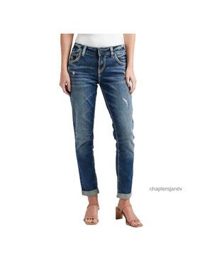 Mid Rise Skinny Jeans Distressed Slim Fit Stretch Denim